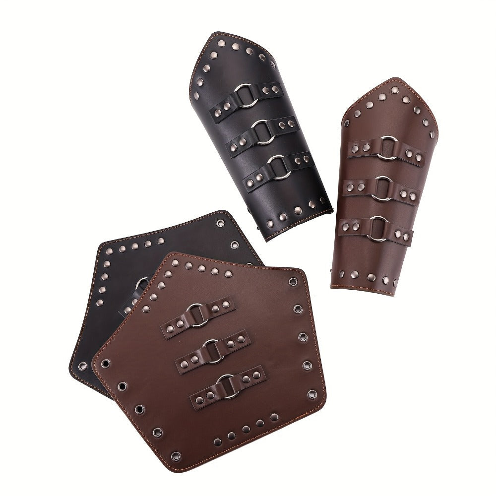 Medieval Arm Bracers 2pcs PU Leather Gauntlet Wristbands for Men, Renaissance Knight Warrior Viking Cosplay Costume Prop for Halloween LARP Stage Performance Photo Shoot, Black & Brown