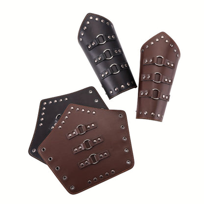 Medieval Arm Bracers 2pcs PU Leather Gauntlet Wristbands for Men, Renaissance Knight Warrior Viking Cosplay Costume Prop for Halloween LARP Stage Performance Photo Shoot, Black & Brown