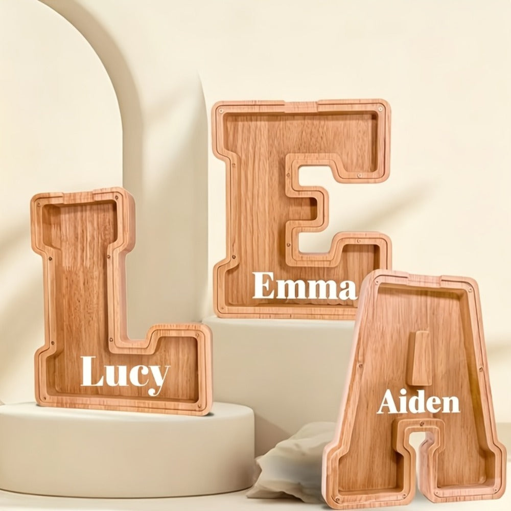 Wooden Alphabet Letter Coin Bank with Clear Front Panel and 23 Fixed Initial Options for Display