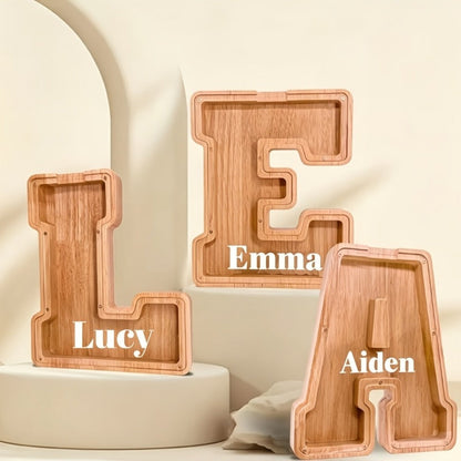 Wooden Alphabet Letter Coin Bank with Clear Front Panel and 23 Fixed Initial Options for Display