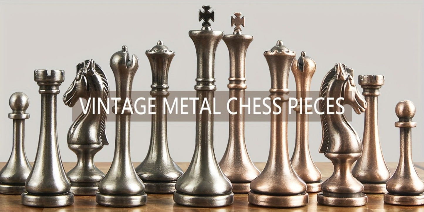 12-Inch Wooden-Style Chess Set with Metal-Finish Pieces, Two Storage Drawers and Two Extra Queens for Adults