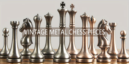 12-Inch Wooden-Style Chess Set with Metal-Finish Pieces, Two Storage Drawers and Two Extra Queens for Adults