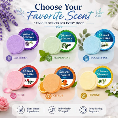 Shower Bombs 6 Pack Eucalyptus & Lavender Essential Oils — Aromatherapy Shower Steamers for Stress Relief Self Care Home Spa Gift for Women Men Birthday Mother's Day Christmas Valentine