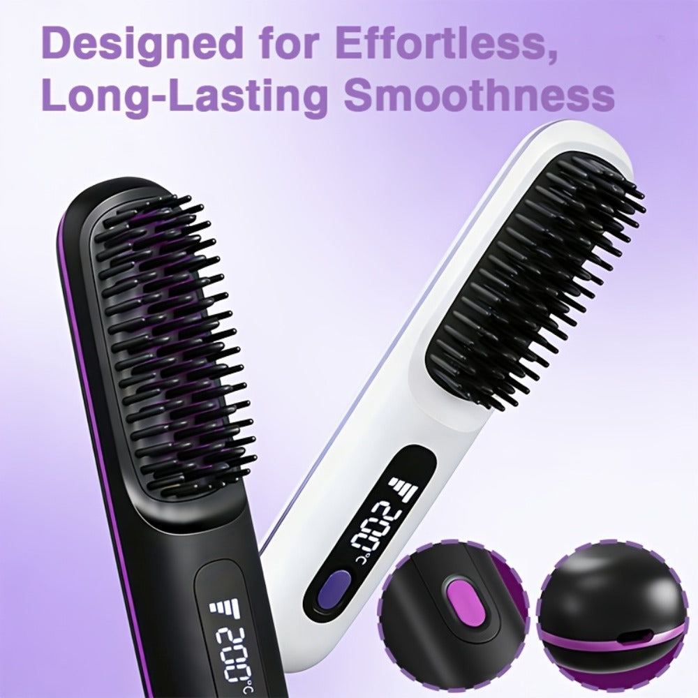 Cordless Straightening Brush Hair Styling Tool with Rechargeable Power and Black or White Finish