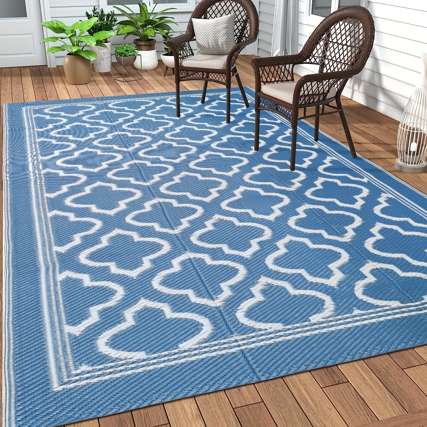 Blue and White Reversible Outdoor Mat with Geometric Pattern and Two Rectangular Size Options