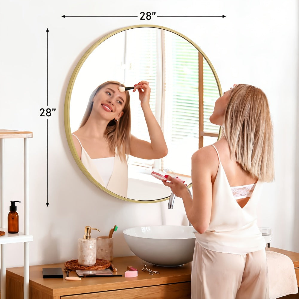 Round Wall Mirror Aluminum Alloy Frame – Modern Circle Mirror for Bedroom, Bathroom & Living Room, Tempered Glass, Black & Gold, 20in 28in 30in 36in