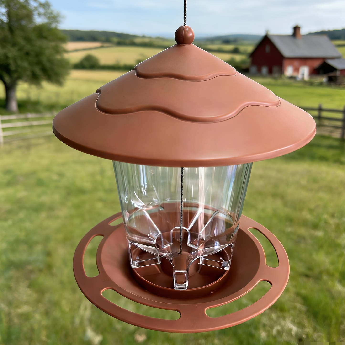Hanging Bird Feeder with Tiered Roof, Clear Seed Chamber and Brown, Grey or Green Finish Options