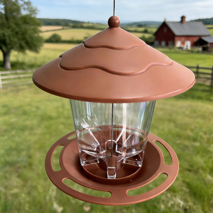 Hanging Bird Feeder with Tiered Roof, Clear Seed Chamber and Brown, Grey or Green Finish Options