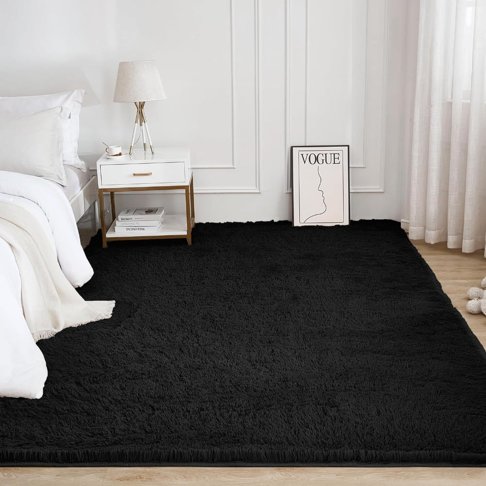 Area Rug, Black Rectangular Shaggy Microfiber Style in 4x6, 5x8, 6x9 or 8x10 Feet with Machine-Wash Care
