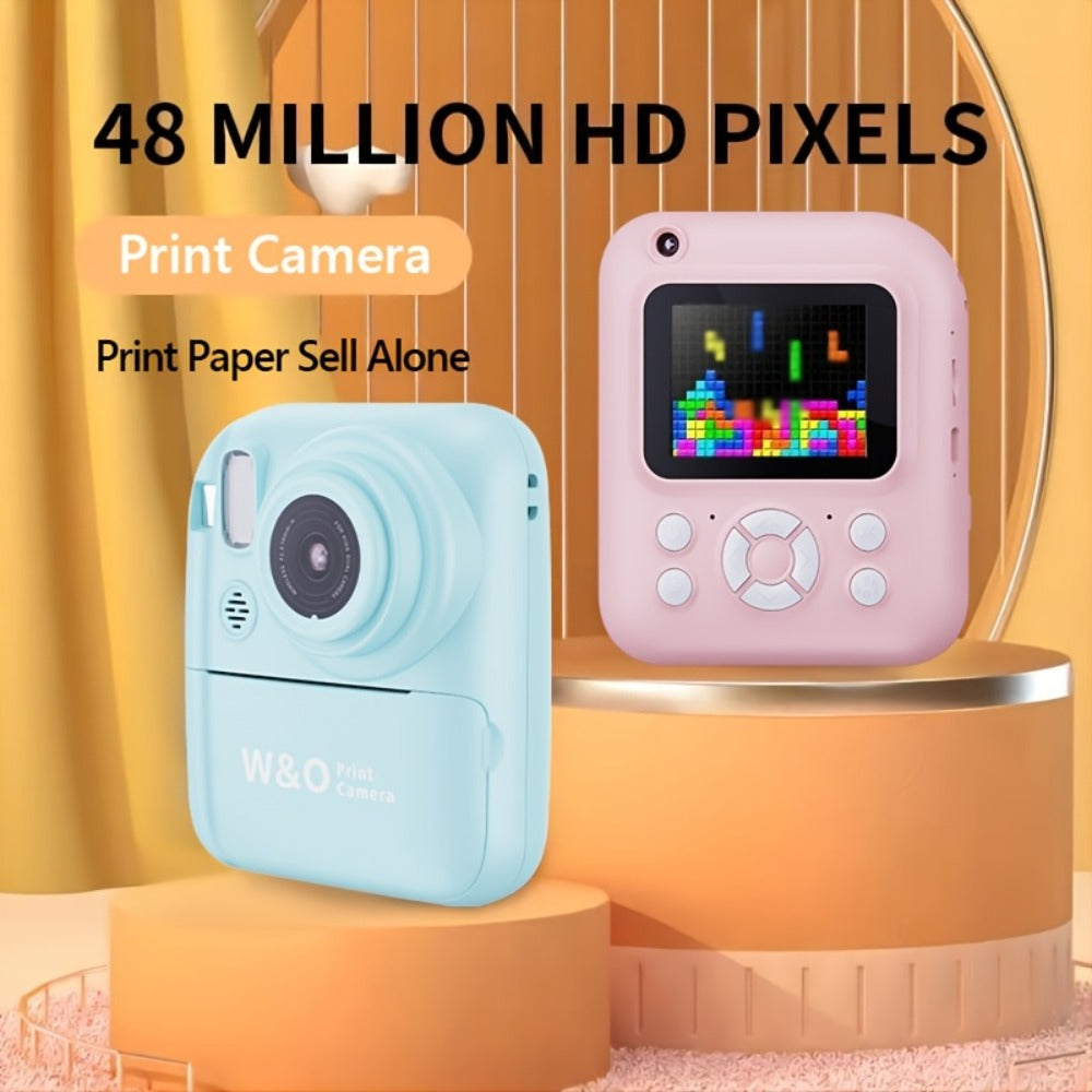 Instant Print Camera for Kids 48MP with Print Paper 32G TF Card 1080P FHD Video Flash MP4 Puzzle Game Cartoon Mini Digital Camera Printer Ages 6+ Birthday Christmas Gift