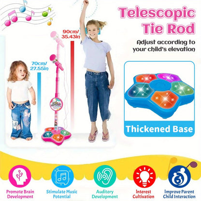 Kids Karaoke Microphone with Stand & Amplifier – Singing Toy for Girls Boys Age 3+, Random Print Design, Birthday Gift, Blue / Black / Pink