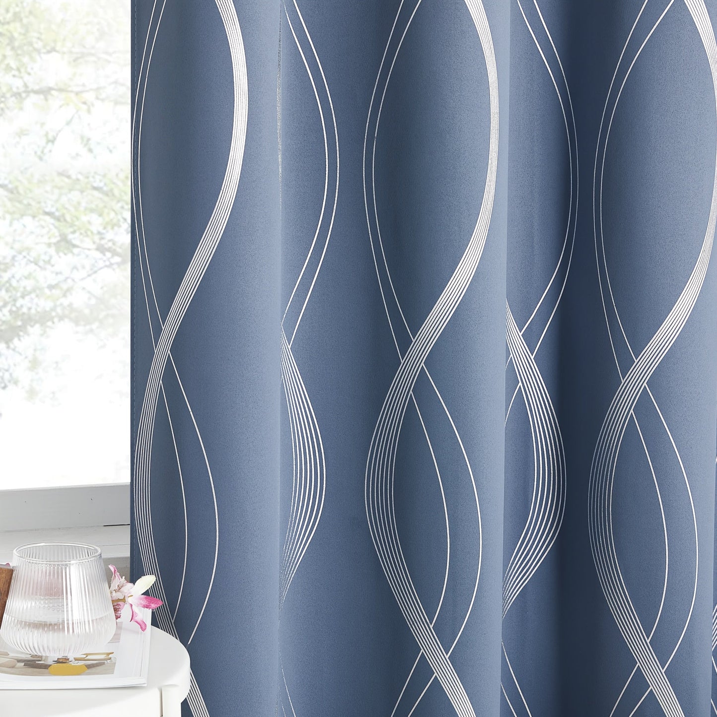 Two-Panel Wave-Line Foil Print Blackout Curtains in 10 Colors with 42- or 52-Inch Width Options