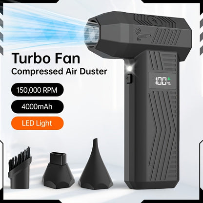 Black Pistol-Grip Electric Air Duster with Rear Digital Display, Three Nozzles and USB-C Cable