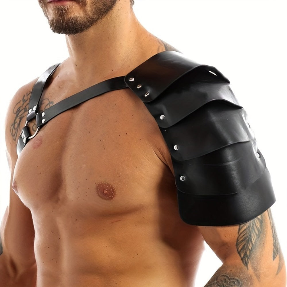 PU Leather Shoulder Armor Warrior Costume Prop with Belt for Men, Single Pauldron Medieval Knight Armor Dress Up Accessory for Halloween Cosplay LARP Renaissance Faire, Black