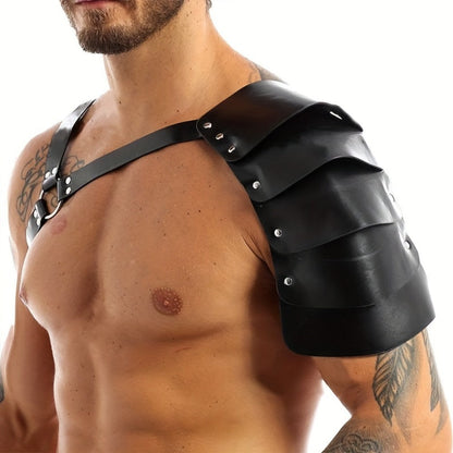 PU Leather Shoulder Armor Warrior Costume Prop with Belt for Men, Single Pauldron Medieval Knight Armor Dress Up Accessory for Halloween Cosplay LARP Renaissance Faire, Black