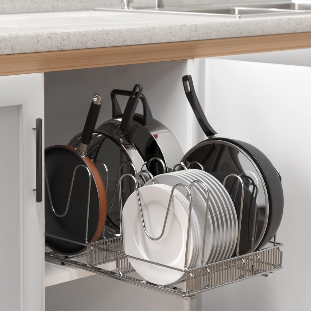 Cabinet Pot & Pan Organizer Rack with 10 Adjustable Dividers, 11"W x 17.5"D x 8.3"H, Chrome Steel Kitchen Storage