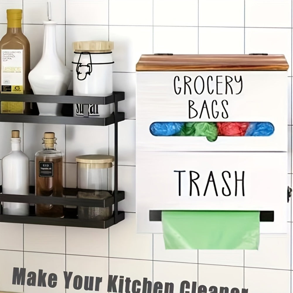 Garbage Bag Dispenser Wall Mount, Under Sink Organizer, Trash Bag Holder with Pull-Out Access, Kitchen Bag Storage Rack for Shopping Bags & Tissues, Space Saving Cabinet Organization