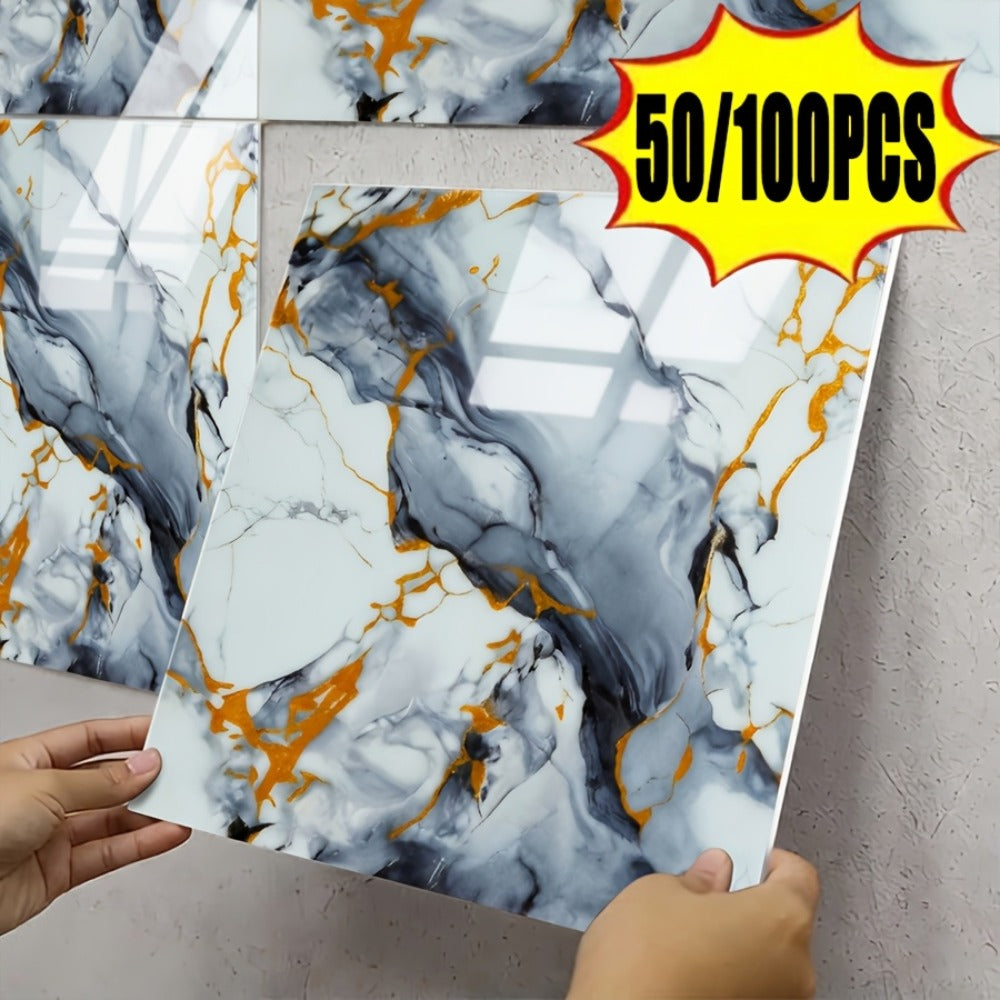 Marble Gold-Vein Wall Tile Sticker Set with 30 cm Panels, Four Colors and 50- or 100-Piece Packs