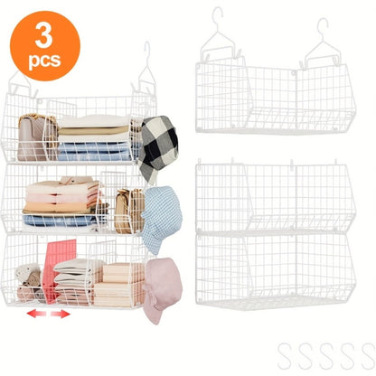 Three-Piece Hanging Wire Basket Organizer Set with Rotating Hooks in Black or White for Shelf Storage
