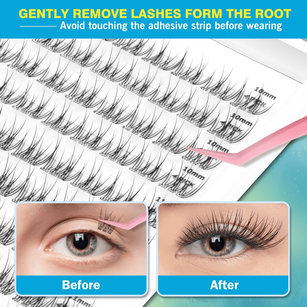 Pre-Glued Wispy False Eyelash Cluster Tray with 156 Clusters and Two Pink Applicator Tweezers