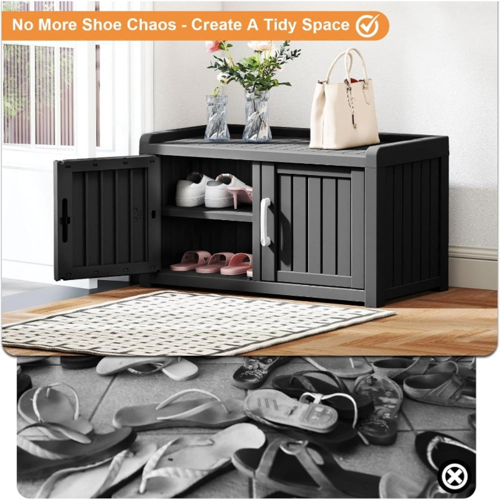 Light Brown Shoe Storage Bench with Hidden Cabinet for Entryway, Porch, Patio, Mudroom or Hallway Organization