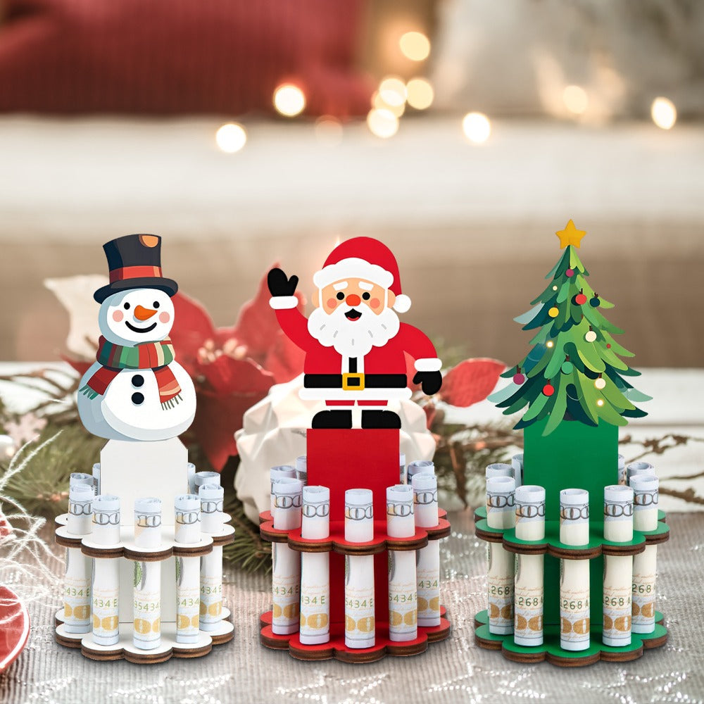 Three-Piece Santa, Snowman and Christmas Tree Rolled-Money Display Set with Ten Slots Each