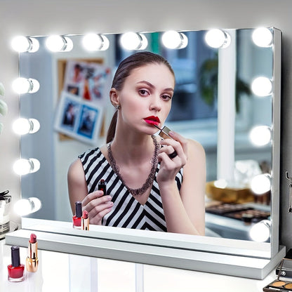 Lighted Vanity Mirror with 15 LED Bulbs - Hollywood Makeup Mirror 23x19 Inch, 3 Color Dimmable Lighting, Wall Mounted or Tabletop, USB Port, Brightness Memory, White, Large Professional Beauty Mirror