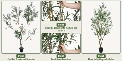 Multi-Branched Artificial Olive Tree with 5.25, 6 or 7 ft Height Options, Decorative Fruit and Black Nursery Pot