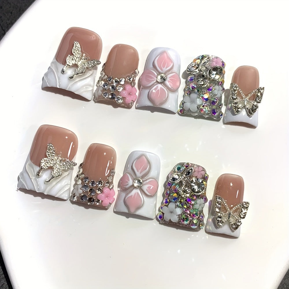 Press On Nails 10-Piece Short Duckbill Set with White French Tips, Golden Butterfly and 3D Carved Flower