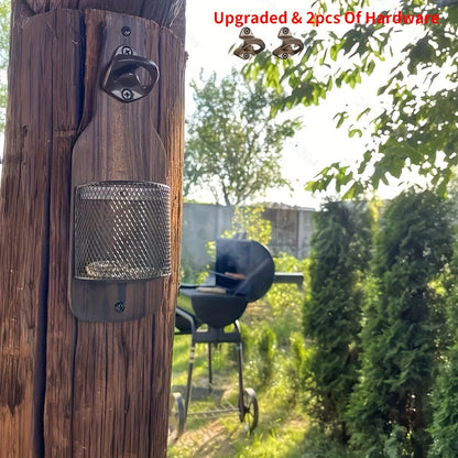 Wall-Mounted Bottle Opener with Rustic Wood-Look Backboard, Metal Cap Catcher Basket and Two-Piece Hardware Set