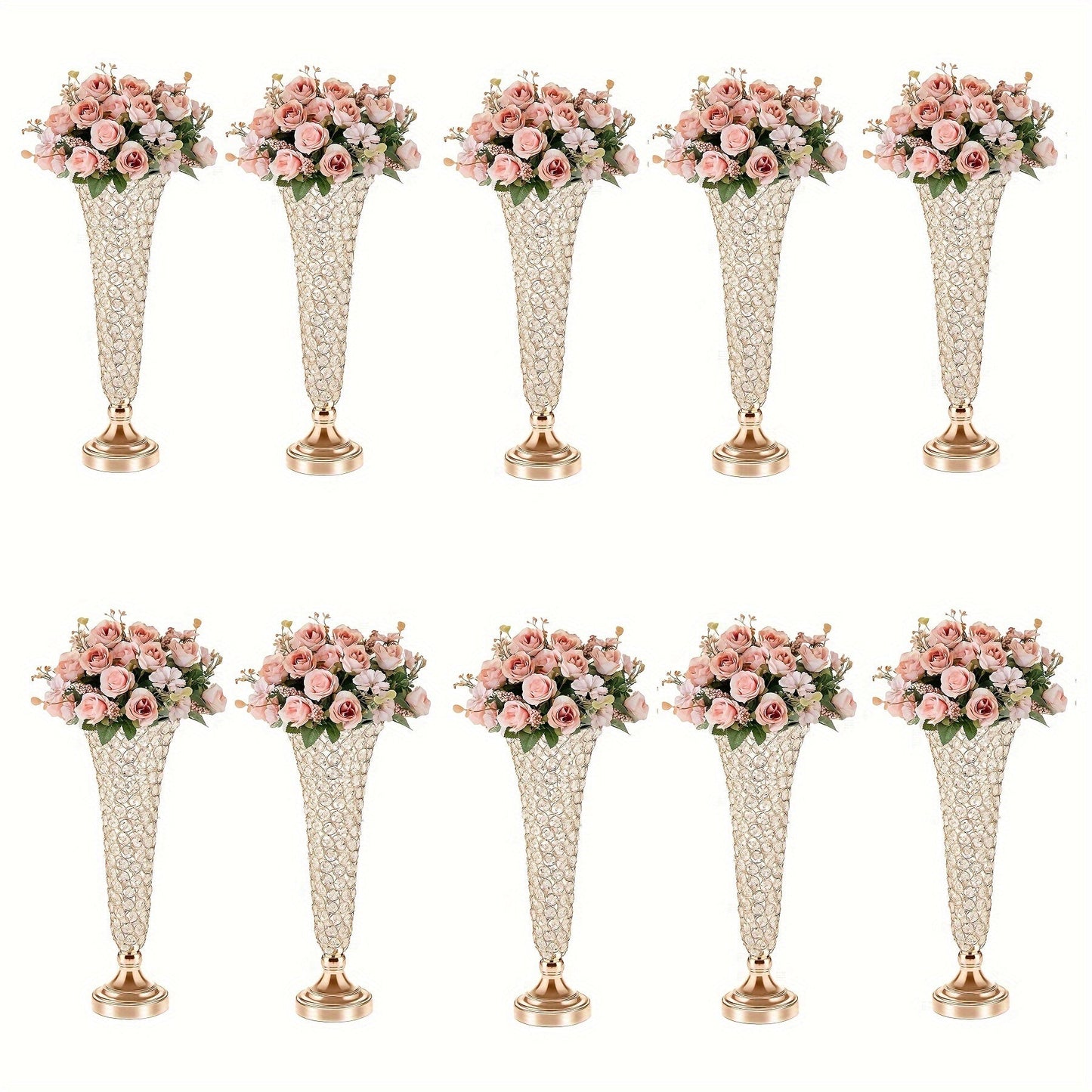 Crystal-Style Trumpet Decorative Vase Set in Gold or Silver and Two- or Ten-Piece Options for Home and Everyday Use