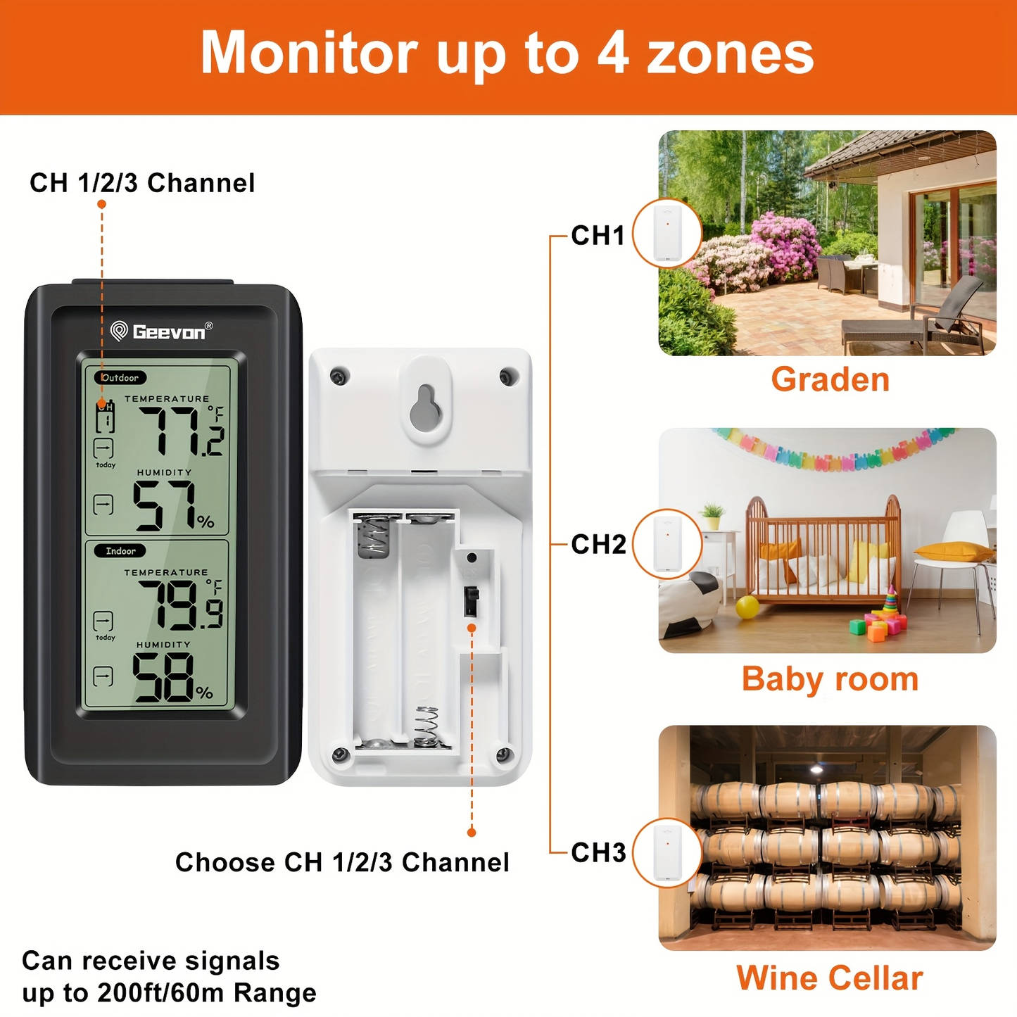 Wireless Thermometer | Digital LCD Indoor Outdoor 3 Sensor Baby Room