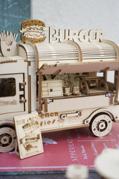 Wooden Food Truck 3D Puzzle Model Kit with Burger Stand Body, Miniature Tables and Pictured 21.5 cm Length