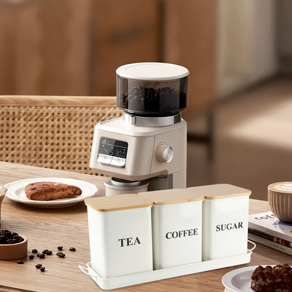 Three Rectangular Metal Canisters for Coffee, Tea and Sugar with Wood-Tone Lids in Black or White