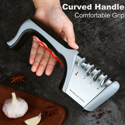 4-in-1 Knife Sharpener Manual Kitchen Tool for Chef Knives, Paring Knives, Steel Blades & Scissors – 4 Stage Sharpening System with Non-Slip Base