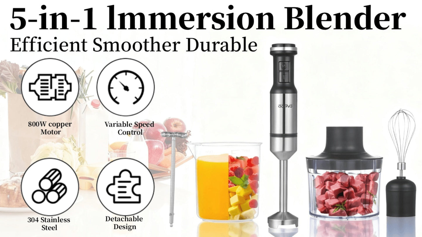 Silver Immersion Blender Set with 1000ml Beaker, 450ml Chopper, Whisk and Frother Attachments