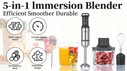 Silver Immersion Blender Set with 1000ml Beaker, 450ml Chopper, Whisk and Frother Attachments