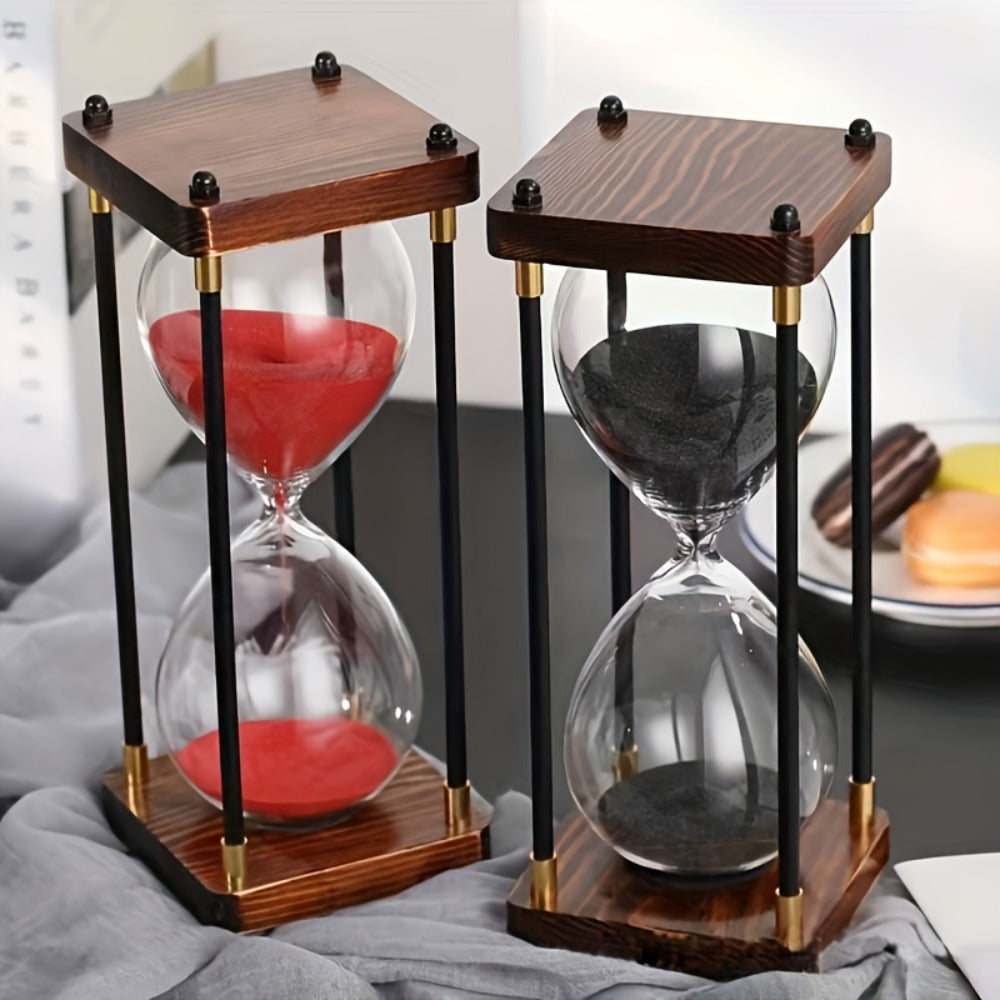 Sixty-Minute Decorative Glass Sand Timer with Wooden-Style Frame in Six Exact Color Configurations