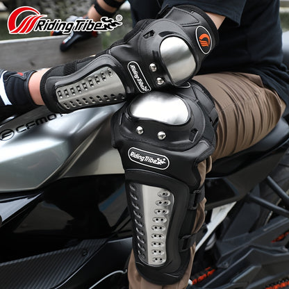 Motorcycle Knee & Elbow Pads 4pcs Set – Stainless Steel Shell Protective Gear, Adjustable Hook & Loop Fit for Motorcycle Riding Cycling Skating, Short Style