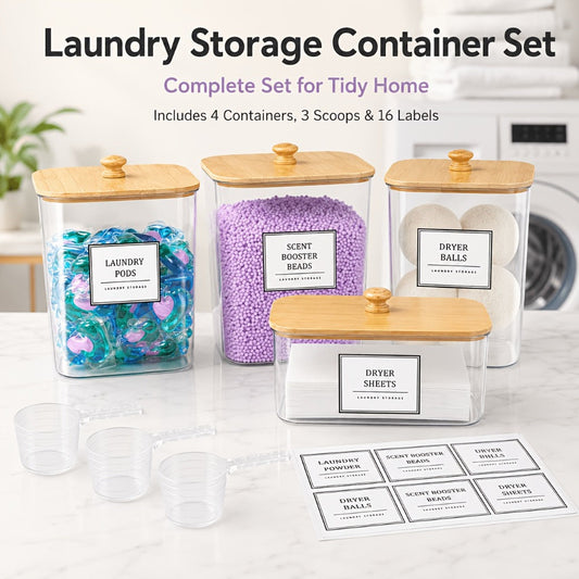 Laundry Pods Container & Dryer Sheet Holder Set with Bamboo Lids, Clear Laundry Room Organization Containers for Scent Booster, Powder, Pods – 3+1 Pack