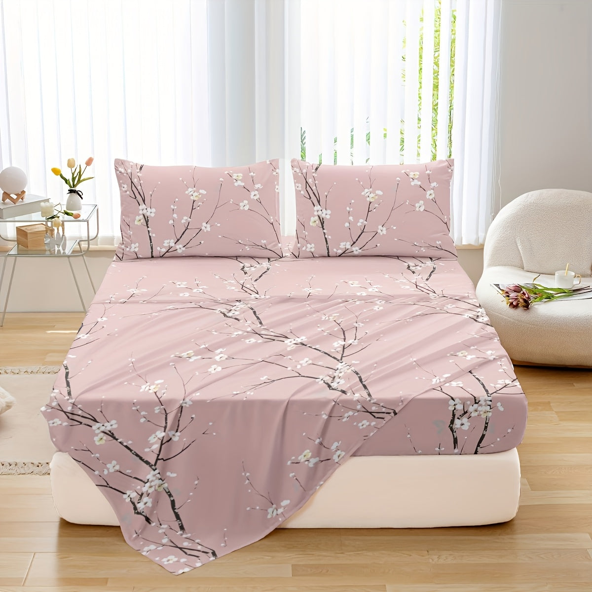 Bed Sheet Set 4-Piece Plum Blossom Floral Polyester with 15-Inch Pocket and Four Color Options