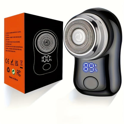Compact Black Dual-Ring Rotary Electric Razor with Digital Battery Display, USB Cable and Travel-Size Body