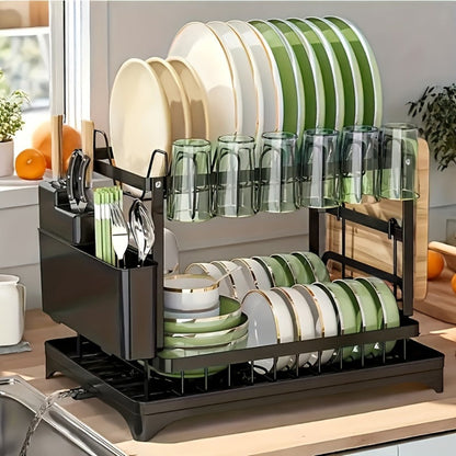 Two-Tier Dish Drying Rack with Rotating Drain Tray, Cup Holders and Black or White Frame Options