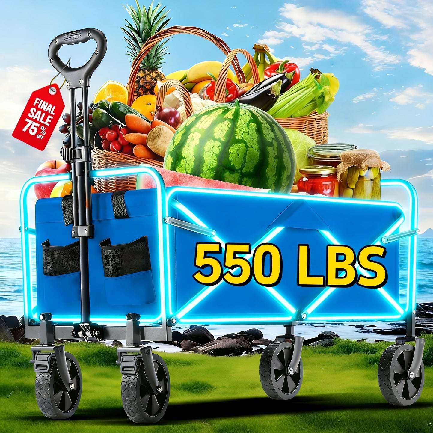 Folding Wagon Heavy Duty | Garden Cart Beach Wagon Camping Utility Outdoor Cart