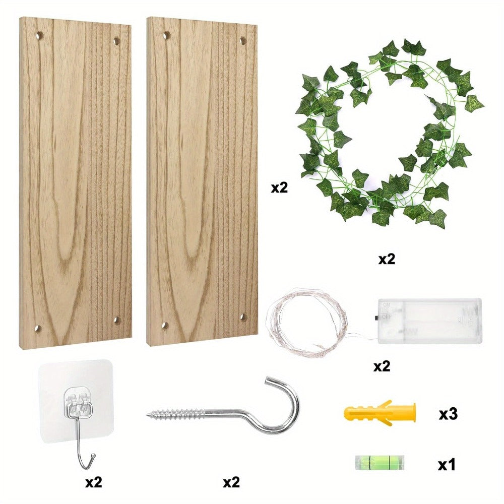 Hanging Wall Shelf Set with Macrame-Style Ropes, Artificial Ivy, LED Light Strands and 2- to 4-Piece Options
