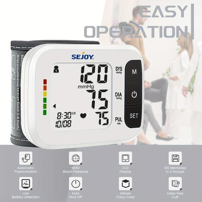 Blood Pressure Monitor by SEJOY, Wrist LCD Device with Included Strap and Battery Color Options