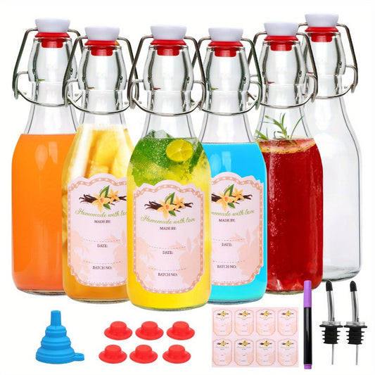 Glass Swing Top Bottles 8.45oz – Round Iron Clasp Airtight Bottle Set with Funnel for Juice, Kombucha, Syrup & Oil Storage, Reusable Flip Cap Glass Bottles (6, 9, 12 or 18 Pack)