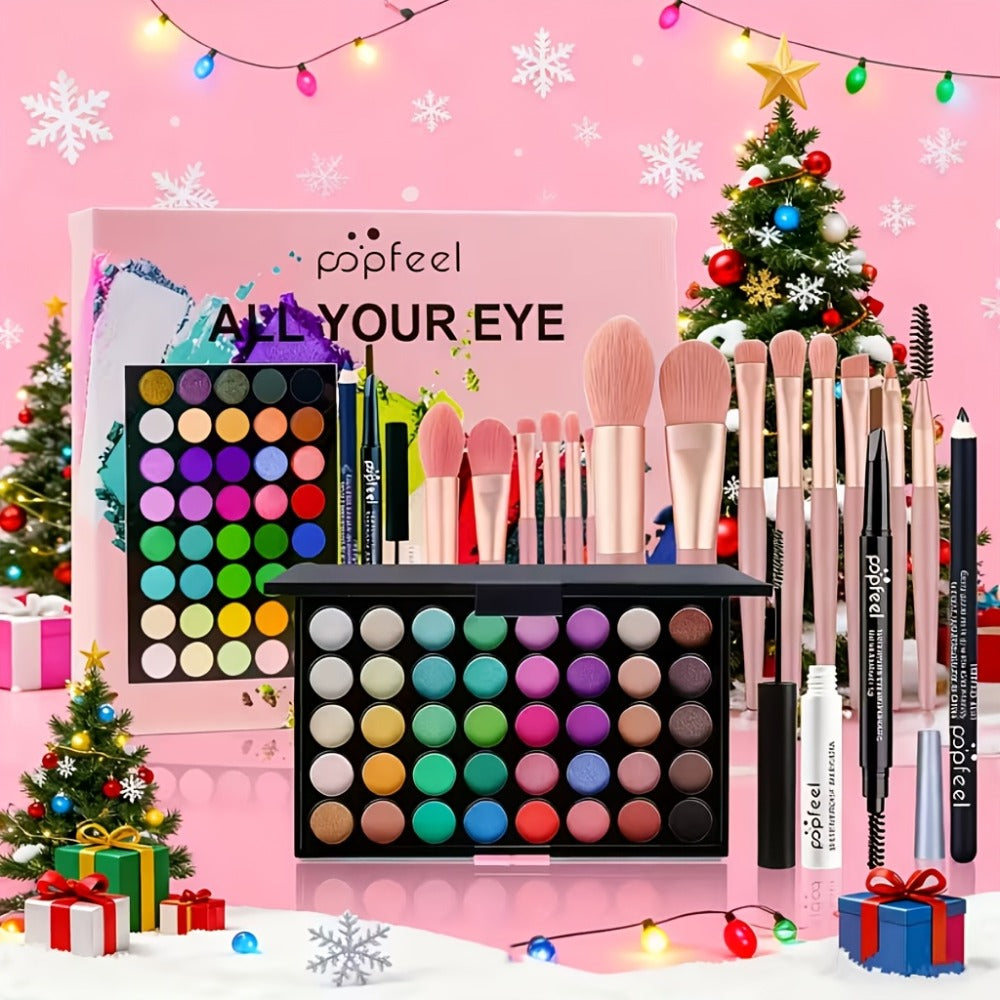 Makeup Gift Set POPFEEL 29-Color Eyeshadow Palette + Mascara + Eyeliner + Brow Pencil + Highlighter Powder + 7-Piece Brush Set | Complete Eye & Face Kit for All Skin Types | Beginner Friendly