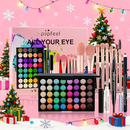 Makeup Gift Set POPFEEL 29-Color Eyeshadow Palette + Mascara + Eyeliner + Brow Pencil + Highlighter Powder + 7-Piece Brush Set | Complete Eye & Face Kit for All Skin Types | Beginner Friendly