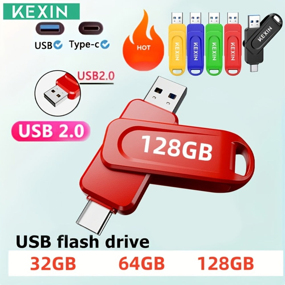 2-in-1 USB-C & USB-A Flash Drive 32GB 64GB 128GB, KEXIN Rotating Thumb Drive Type-C Memory Stick Compatible with iPhone 15 16, Android Smartphone, Tablet, Smart TV, Car Audio, Laptop & PC – 5 Colors